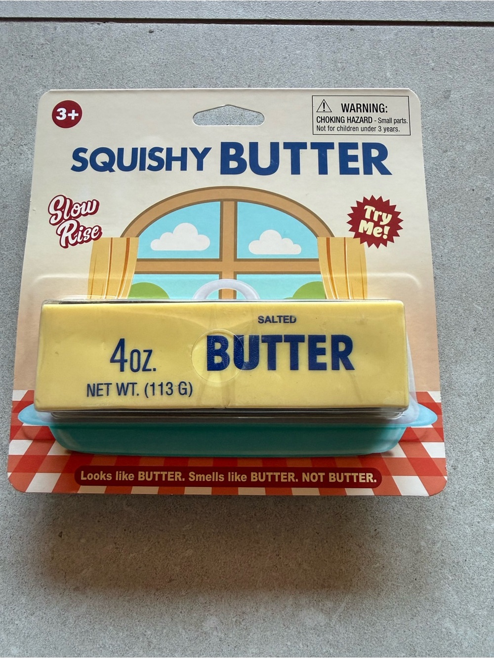 Butter Squishy Butter Toy Yellow and Teal Packaging